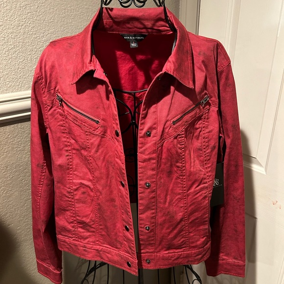 New with Tags Rock & Republic Deep Red with Black Jean Jacket Size Large - Picture 2 of 9